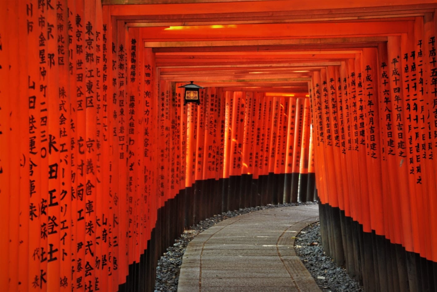 A lantern glowing among torii gates at Fushimi Inari