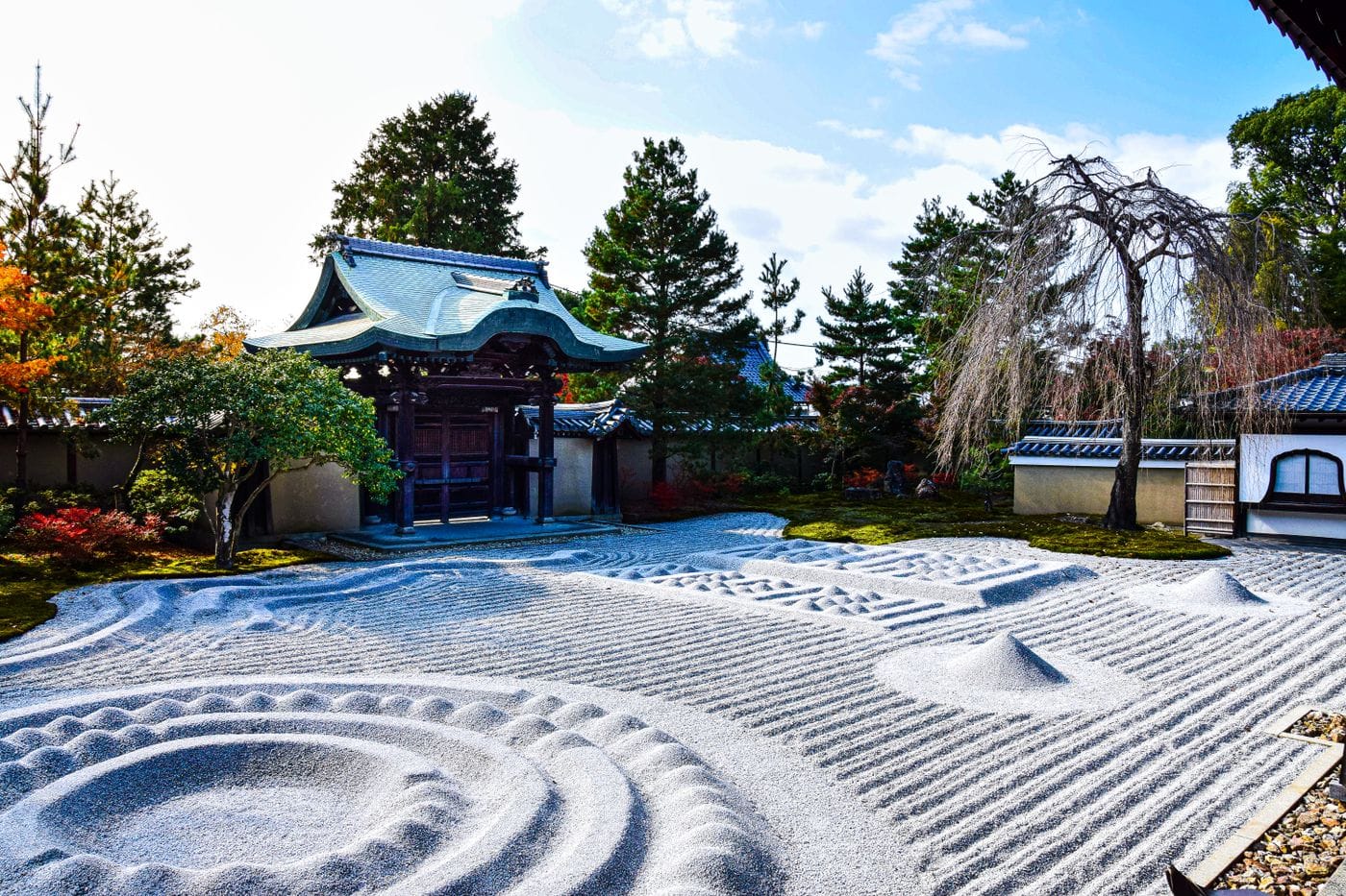 Peaceful Japanese Zen garden with raked sand and traditional architecture in Kyoto.