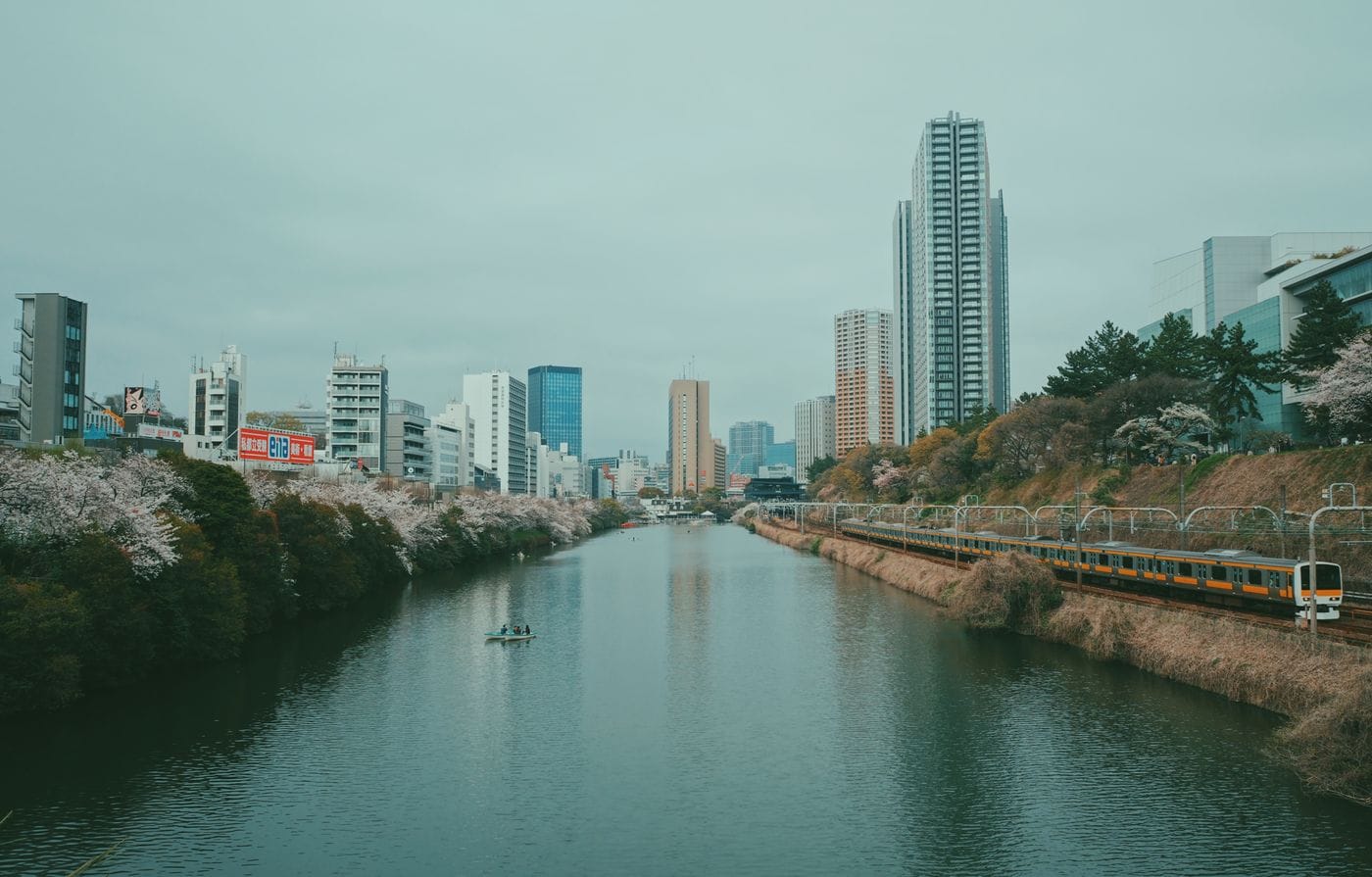 A scenic view of Tokyo's urban skyline, river, and cherry blossoms in spring.
