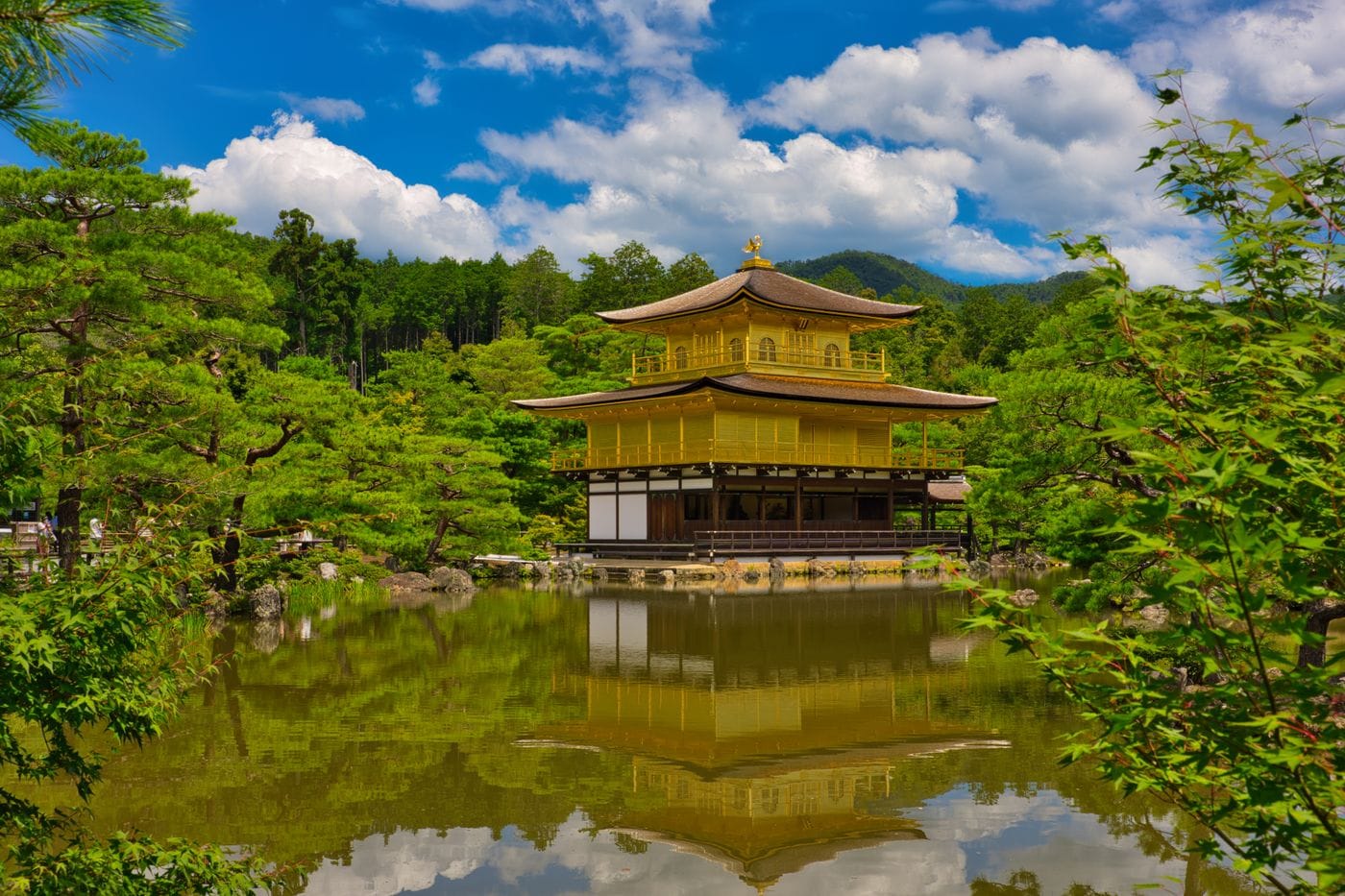 Stunning view of Kinkaku-ji temple reflecting in the pond on a sunny day in Kyoto, Japan.
