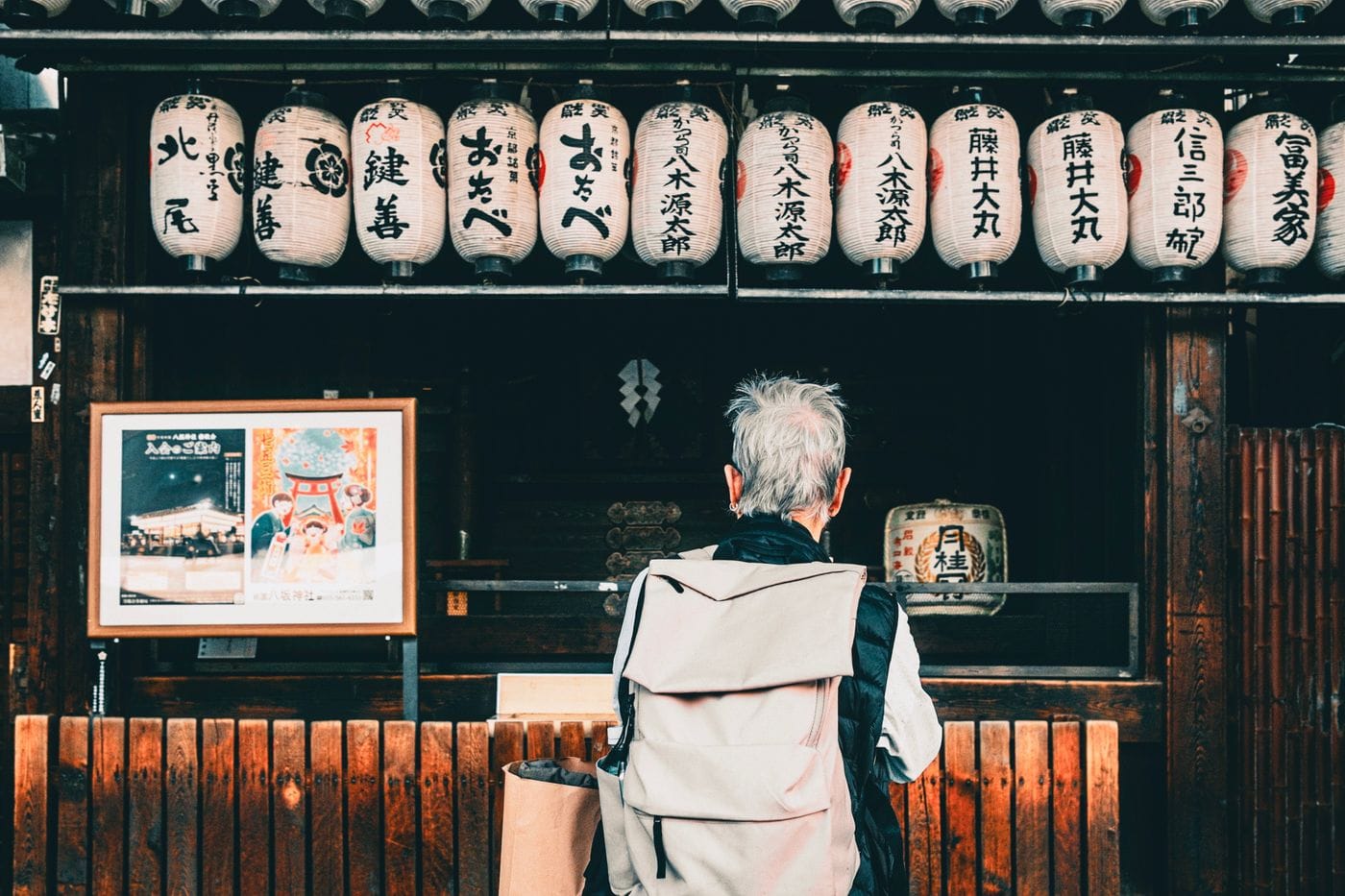 Back view of traveler with backpack looking at hanging Japanese lanterns outdoors.
