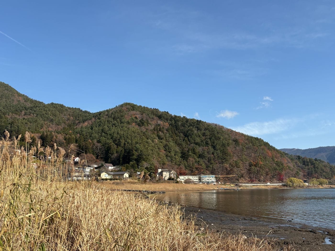 Tranquil lakeside view near Mount Fuji with mountains and clear sky.